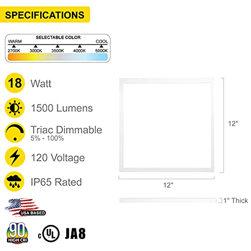 Nuwatt 1X1 Ft 12" Square Led Surface Mount Panel (18W) W/Built In Internal Driver, 5 Cct 2700K, 3000K, 3500K, 4000K, 5000K, Triac Dimmable, Ultra Thin Ceiling Fixture, 120V, 1 Inch Thick #TOP1