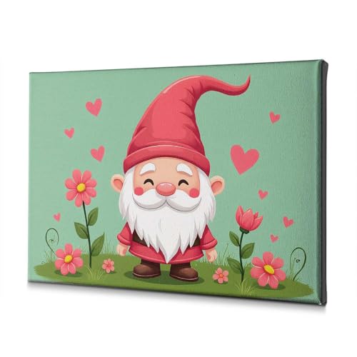 Tableau décoratif sur toile 20 x 30 cm gnome joyeux et fleurs pour salle à manger