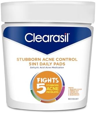 Clearasil Stubborn Acne Control 5in1 Daily Facial Cleansing Pads, with Salicylic Acid Acne Treatment Medicine, 90 Count