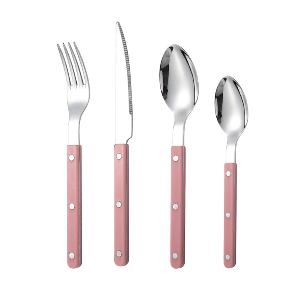 Rivetto ABS Morsetto Maniglia Cucina Acciaio Inossidabile Posate Stoviglie Posate Set Coltello Da Bistecca Forchetta Cucchiaio Cucchiaino Stoviglie Occidentali Set (Rosa,4 pezzi)