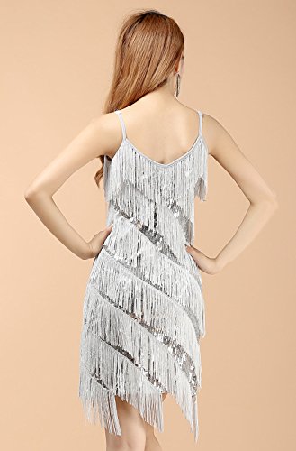 Women Sexy Latin Dance Dress Sparkling Sequins Tassels 1920S Vintage Flapper Dress Great Gatsby Party Costumes Silver #TOP5