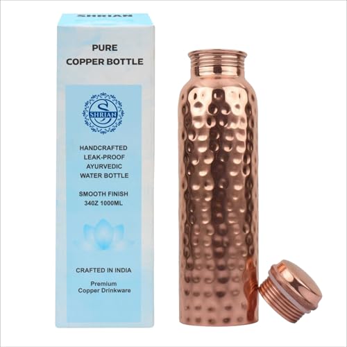 SHRIAN 100% Pure Copper Water Bottle for Drinking, 34 Oz Hammered Ayurvedic Copper Bottle for Drinking Water | Leak-Proof & Eco-Friendly | For Yoga, Office, Travel – Handcrafted, Reusable & BPA-Free