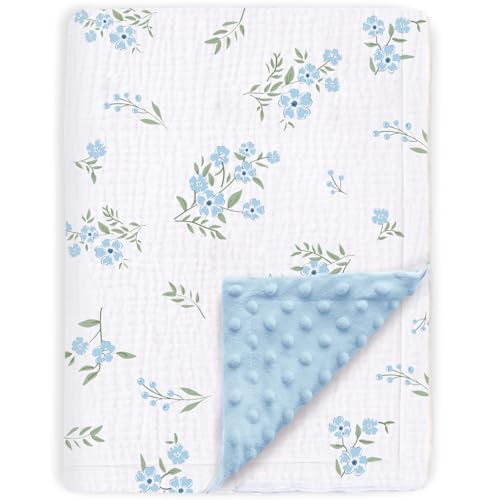 Image of BOPRIO Baby Blankets for Unisex Boys Girls Super Soft Nursery Minky Blankets with Breathable Muslin Cotton Front and 3D Touch Dotted Fleece Backing, Blue Floral Printed Bed Throws Newborn 30 x 40 Inch