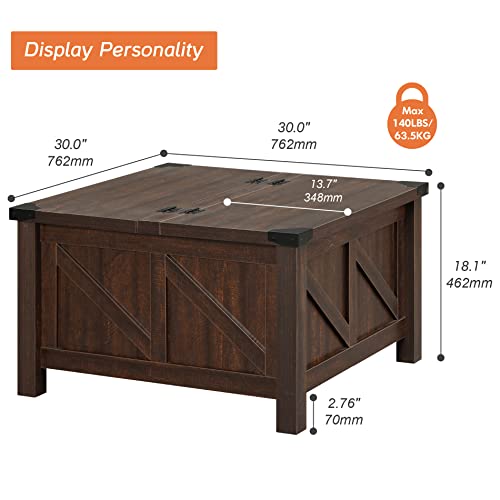 Wampat Modern Farmhouse Coffee Table, Square Wood Center Table With Gas Struts Lift-Top For Extra Large Hidden Storage, Metal Bracket Corner, Z-Shaped, Rustic Brown #TOP1