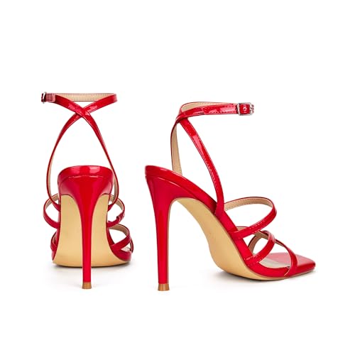 Image of Elisabet Tang Women's Crystal Stilettos Heeled Sandals, 4 Inch Square Open Toe Strappy Sexy High Heels Ankle Strap Buckle Heels for Party Wedding Dress Daily Wear Shoes