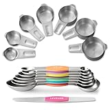 Stainless Steel Measuring Cups & Spoons Set, EWFEN Kitchen Tools Nesting Measuring Cups and Spoons, Fits in Spice Jars for Baking & Cooking, BPA Free, Set of 15 with Leveler, Multicolor