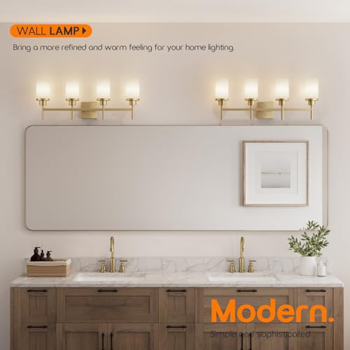 Image of Wall Light Fixtures 4-Light Over Mirror, Gold Vanity Lights with White Frosted Glass Shade, Wall Sconces for Bathroom Washroom Kitchen T001GD-L4