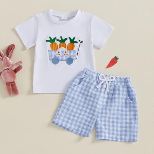 Image of Toddler Baby Boy Easter Rabbit Outfit Short Sleeve Bunny Carrot Smocked T-shirt Elastic Waist Shorts Summer Clothes