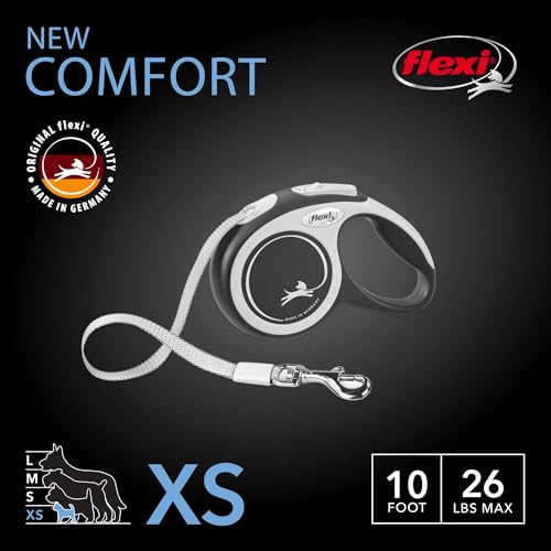 Flexi New Comfort einziehbare Hundeleine (Klebeband), ergonomisch, langlebig und verhedderungsfrei, für Hunde bis zu 11,8 kg, 3 m, Größe XS, Grau/Schwarz