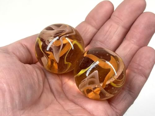 2 BOULDERS 35mm Firefly Marbles Glass Clear Orange/Yellow/White Huge