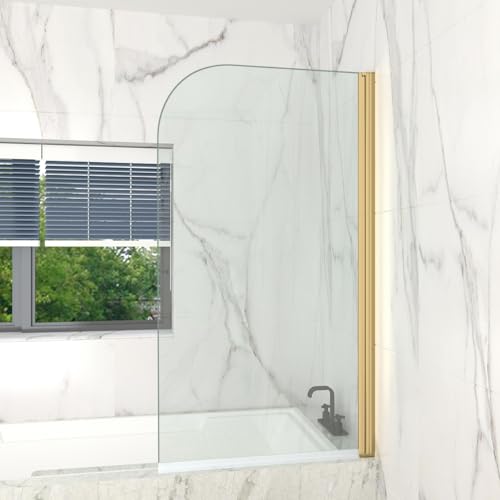 T&K Shower Screen 800x1400mm Pivot Bath Screen Panel Gold Round Edge 5mm Toughened Double-Sided Easy Clean Glass Bathroom Shower Door