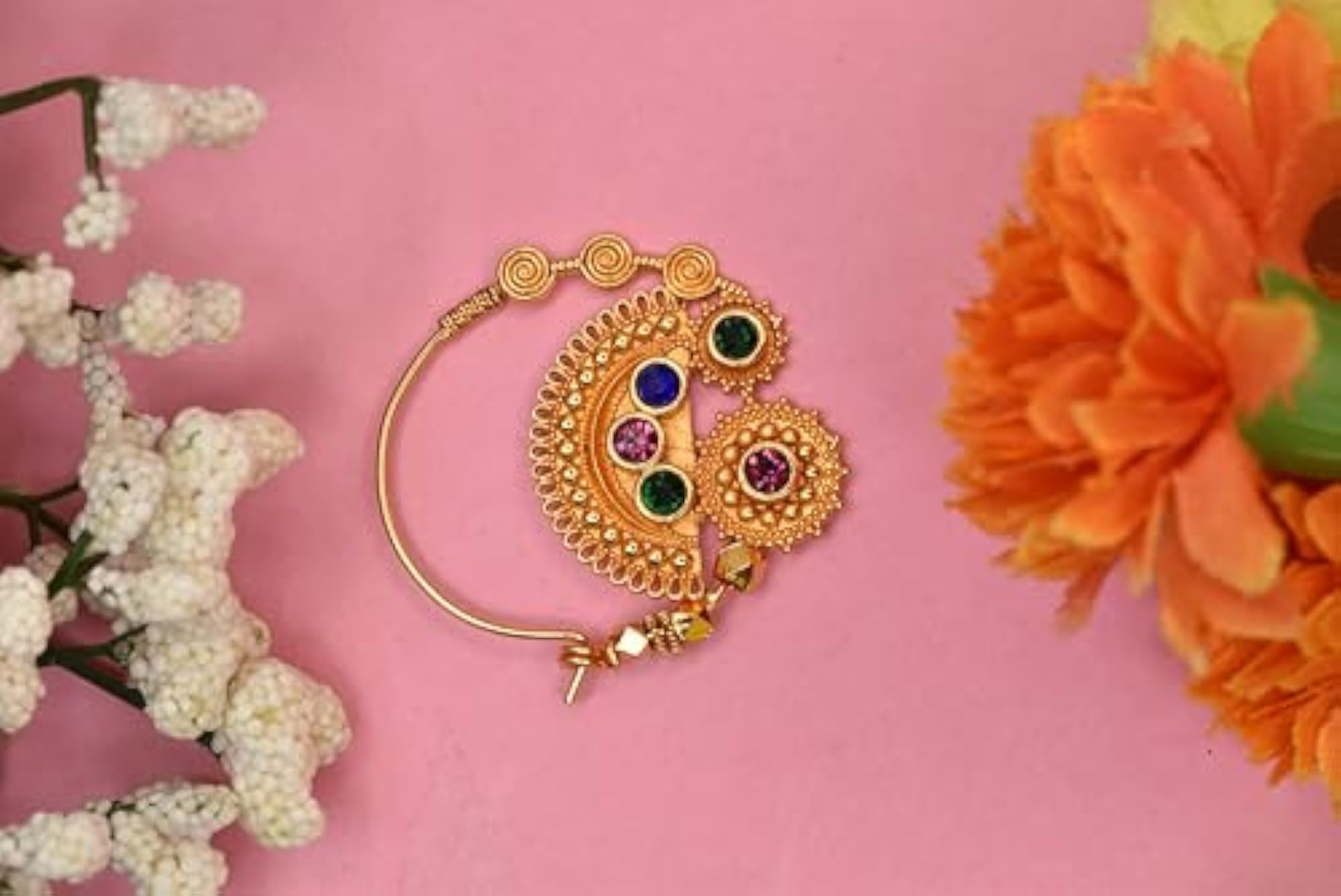 Women's Gold Plated Ethnic Bridal Nose Ring with Pearls Chain