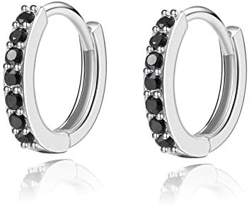8mm Small Hoop Earrings for Women Men 925 Sterling Silver Black Cubic Zirconia CZ Huggie Earrings Cartilage Earring Hoop Earlobe Piercing