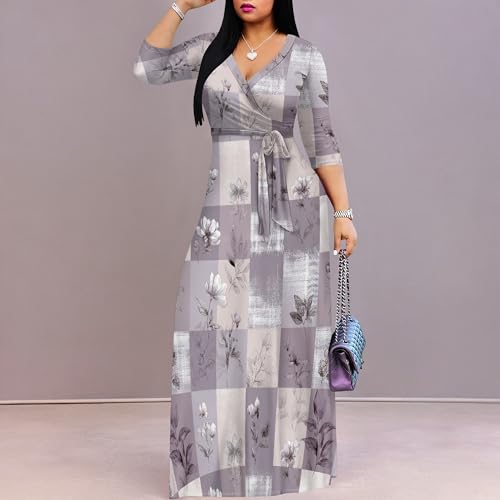 Image of SUZONANA Plus Size Dresses for Women Print Maxi Dresses Flowy 3 /4 Sleeve with Belt
