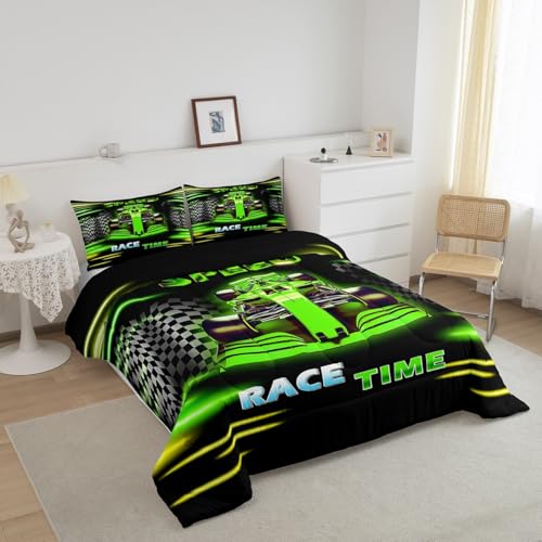Image of Feelyou Kids Ombre Race Car Comforter Set Queen Size, Racing Sports Duvet Insert Boys Girls Karting Road Bedding Set Teens Bedroom Decor Microfiber Bed Set