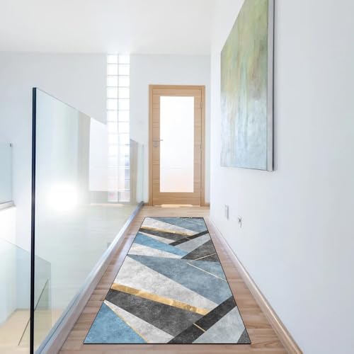 Alfombra de pasillo patchwork gris y azul, poliéster lavable de 80 x 160 cm 6