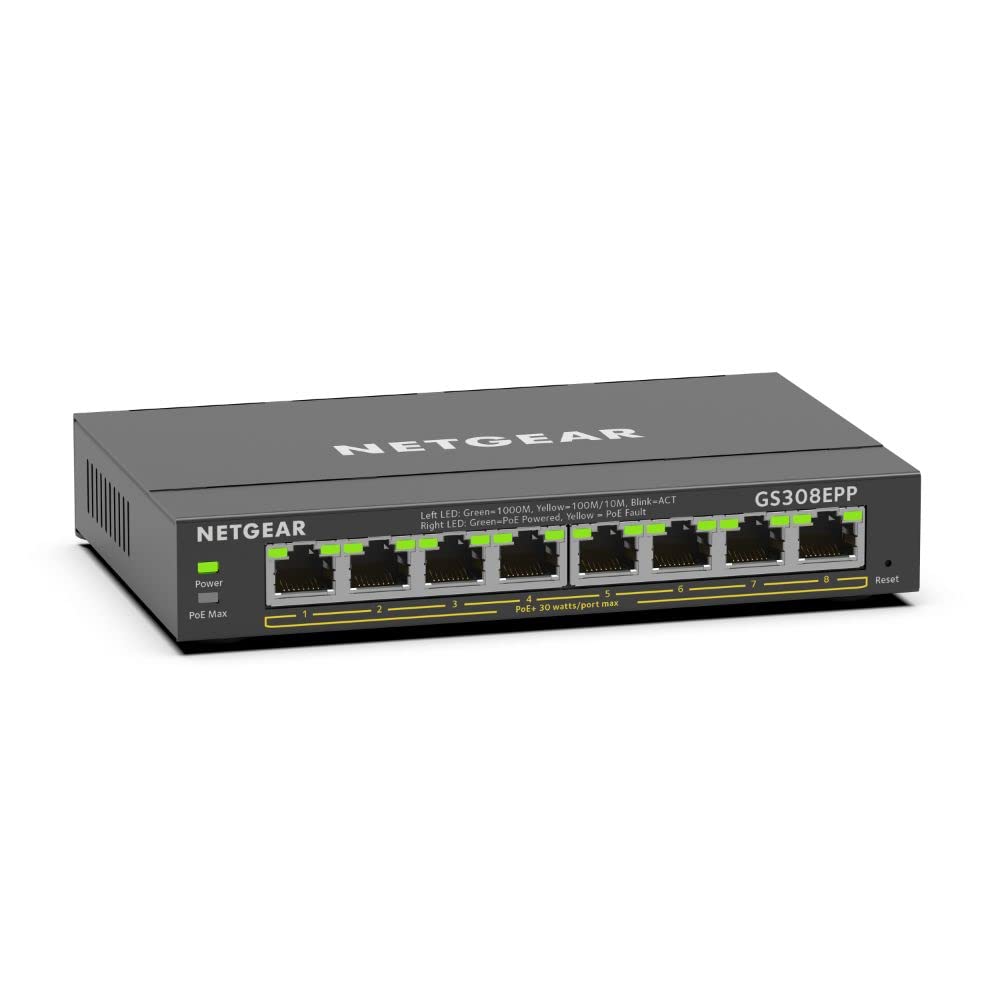 Switch Ethernet NETGEAR GS308EPP de 8 puertos Gigabit con alimentación PoE+ de 123W 8