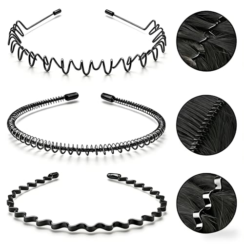 KELUBATU Metal Headband for Men, Non Slip Wave Hair Band, Zig Zag 3 Pcs