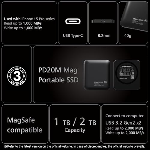 TEAMGROUP PD20M 1TB Mag przenośny zewnętrzny dysk SSD odczyt do 2000 MB/s USB 3.2 Gen 2x2 typ C kompatybilny z iPhone 15/15 Plus/15 Pro/15 Pro Max TPSEG2001T0C108