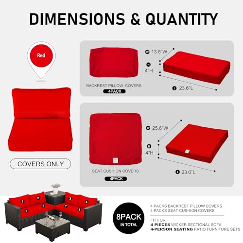 ClawsCover 8Pack Outdoor Seat and Back Cushions Replacement Covers Fit for 4Pieces 4-Seater Wicker Rattan Patio Furniture Set Sectional Couch with Storage Box,Red-Include Cover Only - Thumbnail 4