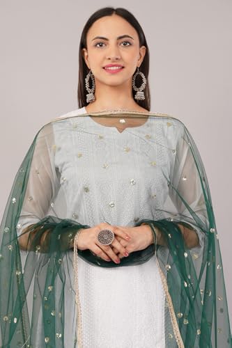 Image of Net Butti Dupatta for Women | Golden Lace Border Chunni | Butti Work Odhani | Wedding & Bridal Styling | Lightweight Drape | Kurti & Salwar Suit