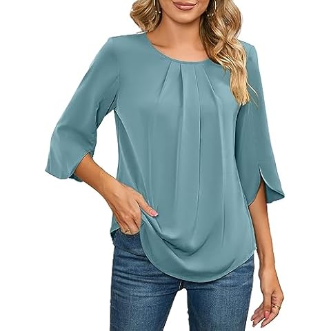 TASAMO Womens Fashion Spring Casual Scoop Neck Loose Top Elegant 3/4 Sleeve Chiffon Blouse Shirt Tops A- Blue Cover