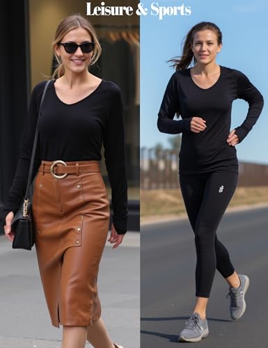 Wayleb Camiseta Térmica Mujer Manga Larga Cuello en V Ajustada Elástica con Agujeros para Los Pulgares Tops Deportivo de Invierno para Running y Gym