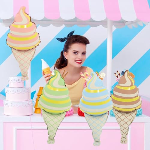 Image of Rozi Decoration Ice Cream Shape Foil Balloons Set of 4 for Birthday Parties Decoration, Colorful Cone Theme Balloons for Kids Celebration, Summer Party and Dessert Theme Decor (Multicolor)