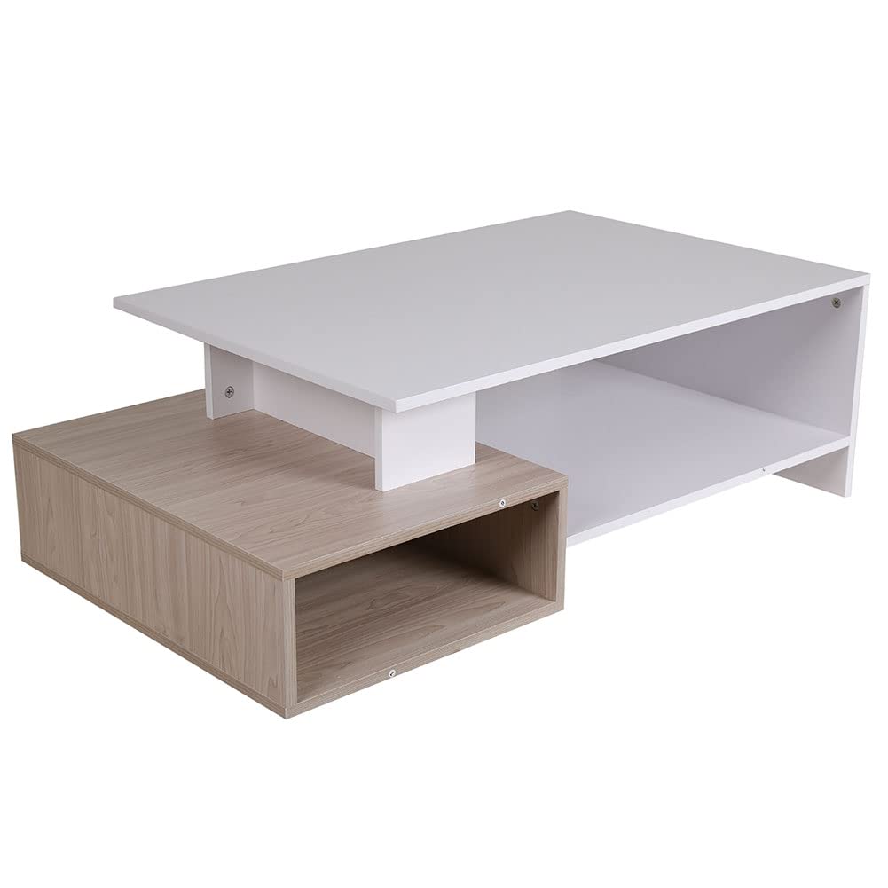 BAKAJI Tavolino Divano Tavolo Caffè da Salotto Rettangolare Design Moderno in Legno MDF con 4 Ripiani Inferiori Dimensione 106.5 x 60 x 34.5 cm Arredamento casa (Bianco e Quercia)
