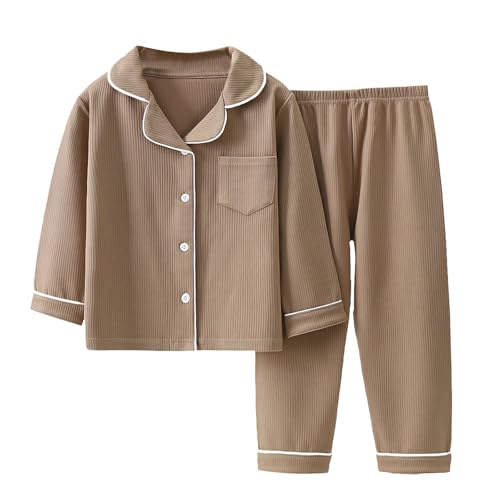 Youth Girls Boys 𝐏ajamas Set Long Sleeve Ribbed Knit 𝐒leepwear Solid Button Down Tops Pants 𝐏js Kids 𝗟oungewear