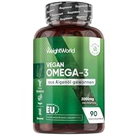 Omega 3 Vegan - 90 Weich-Kapseln - 2000 mg Omega 3 Algenöl liefern 600 mg DHA & 300 mg EPA pro Portion - EPA & DHA tragen zur normalen Herzfunktion bei (EFSA) - WeightWorld