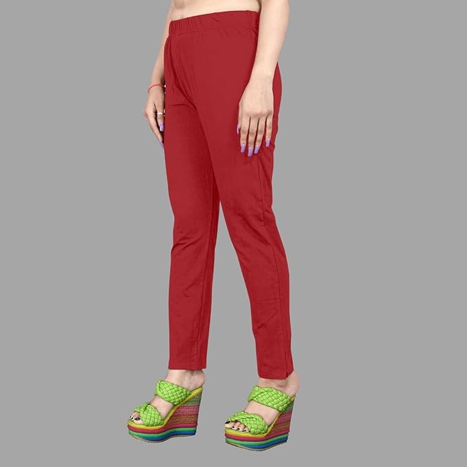 Image of Women's Solid Cotton Lycra Pants-High Waist Slim Fit Stretchable Leggings - Comfortable Long Trousers for Casual, Office & Everyday Wear