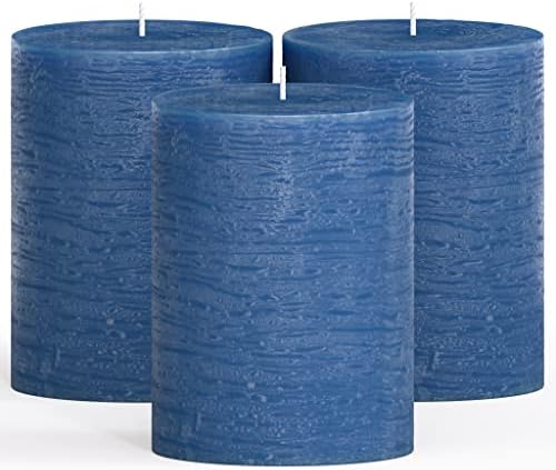 CANDWAX 3x4 Pillar Candles Set of 3 - Decorative Rustic Candles Unscented and No Drip Candles - Ideal as Wedding Candles or Large Candles for Home Interior - Dark Blue Candles