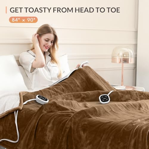 Image of HOMLYNS LuxeHeat Heated Blanket Electric Blanket Queen Size, Soft Flannel Sherpa Heating Blanket with 10 Heat Settings, 1-10 hrs Timer Auto Shut Off (84x90 inches, Coffee), Only for 120V Voltage Use