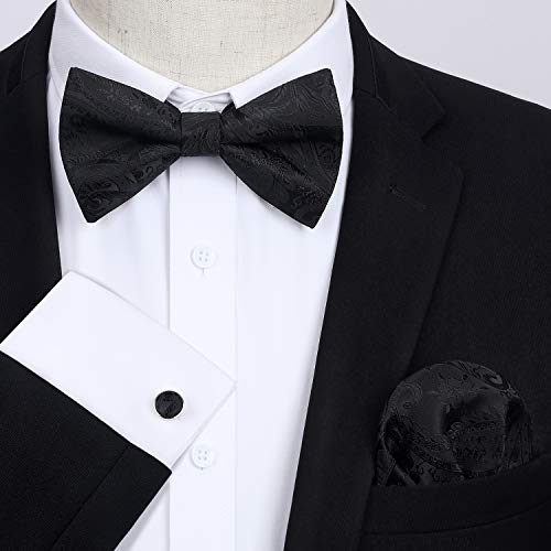 HISDERN Fliege Schwarz Herren Paisley Fliegen und Einstecktuch mit Manschettenknöpfe Set Verstellbare Fliege für Hochzeit Sfeier Weihnachten,Schwarz