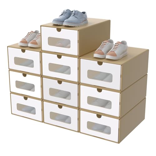 YEATHOR 10pcs Shoe Boxes Shoe Storage Boxes Stackable Kraft Paper Shoe Organizer with Lid and Clear Viewing Window Shoe Containers Space Saving for Wardrobe Shoe Cabinet Entrance Brown