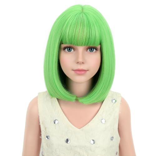 PATTNIUM Children Neon Green Wig with Bangs for Kids Girls Short Green Bob Wigs Synthetic Halloween Wigs