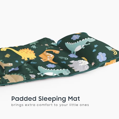 Image of Wake In Cloud - Toddler Nap Mat with Pillow and Blanket, 100% Cotton Fabric, for Kids Boys Ages 3 Plus in Daycare Kindergarten Preschool, Roll Up Sleeping Bag, Cute Dinosaurs