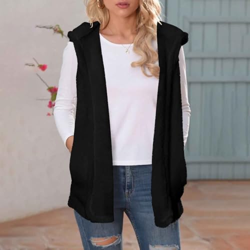 Womens Fuzzy Fleece Cardigan Vest Comfy Casual Sleeveless Lightweight Hooded Jackets with Pockets2