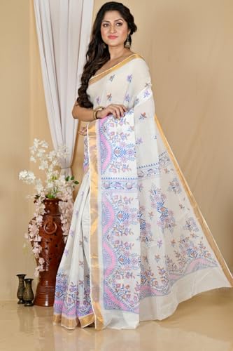 Image of eC ESHA'S COLLECTION Women's Kerala Cotton Floral Motif Printed Zari Bordered Tant Saree Without Blouse Piece