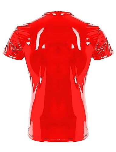 AIEOE Herren Lackleder T-Shirt Männer Latex Unterhemd Kurzarm Clubwear Wetlook Oberteil Rot A Herstellergröße XXL/EU Größe M