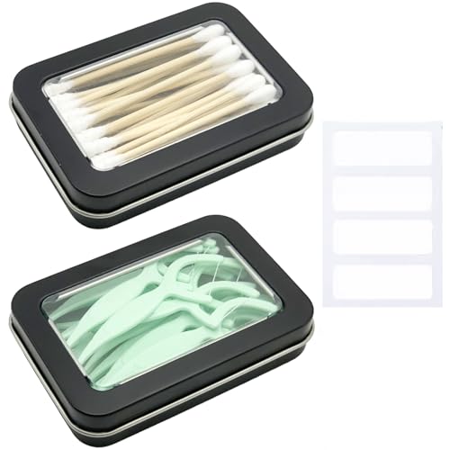 MatFirsmo Cotton Swab Holder for Travel 2 Pcs Portable Small Dental Floss Holder Empty Metal Cotton Ball Holder Travel Floss Picks Case with Dustproof Lid for Cotton Swabs Hair Ties Floss Black