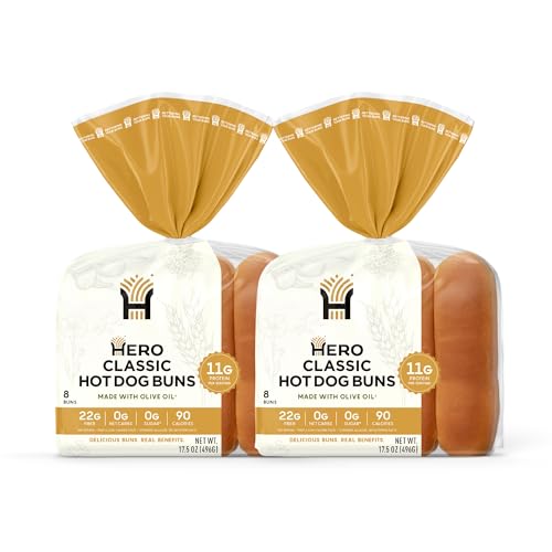 Hero Classic Hot Dog Bun - Delicious Rolls & Net Low Carb Hot Dog Buns | High Fiber, 0g Net Carbs, 0g Sugar & 90 Calories Per Serving | (16 Buns, Pack of 2)
