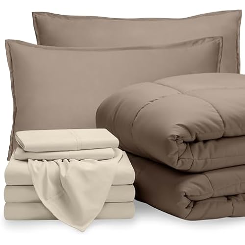 Bare Home Bed-in-A-Bag 8 Piece Comforter & Sheet Set - Split King - Goose Down Alternative - Ultra-Soft 1800 Premium Bed Set (Split King, Taupe/Sand)