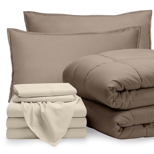 Bare Home Bed-in-A-Bag 8 Piece Comforter & Sheet Set - Split King - Goose Down Alternative - Ultra-Soft 1800 Premium Bed Set (Split King, Taupe/Sand)