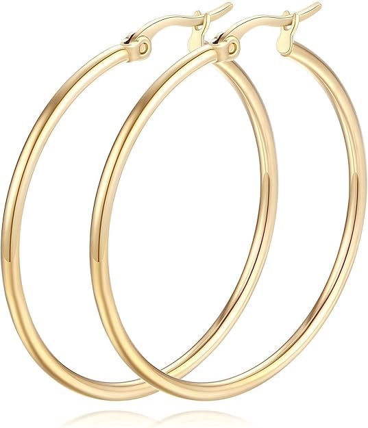 14K Gold Hoop Earrings for Women 14K Gold Earrings Classic Shiny Gold Earring for Women 20/30/40/50mm - Main Image