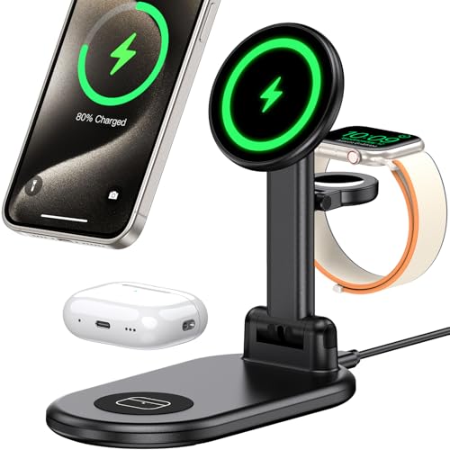 Cargador inalámbrico magnético 3 en 1, Soporte de Carga Rápida para iPhone 17 16 15 14 13 12 Series, Estación de Carga Plegable para Apple Watch Ultra 9 8 7 6 SE 5 4 3 y Air Pods Pro 3- Negro