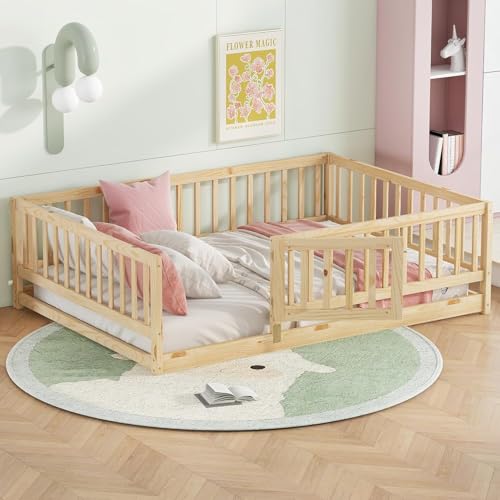 Image of Bellemave Full Size Kids Montessori Floor Bed with Door,Solid Wood Floor Bed Frame with Slats and High Fence for Kids,Girls,Boys,Natural