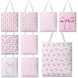 Bulyoou 9 Pcs Coquette Party Pink Bow Tote Canvas Bags Souvenir Gift Grocery Shopping Tote Bag for Travel Gifts
