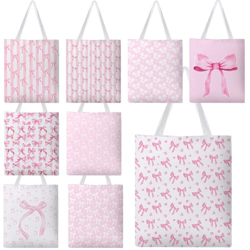 Bulyoou 9 Pcs Coquette Party Pink Bow Tote Canvas Bags Souvenir Gift Grocery Shopping Tote Bag for Travel Gifts